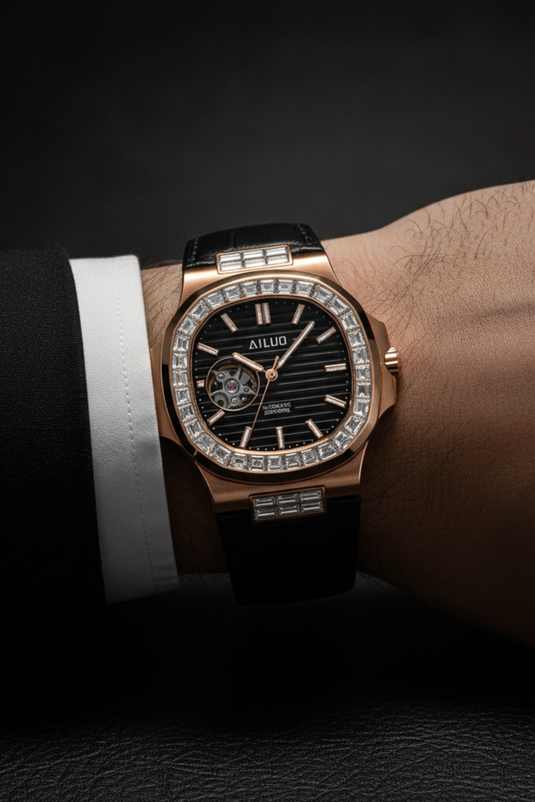 Royal Azure | Rosegold Black Automatic Open-Heart Watch