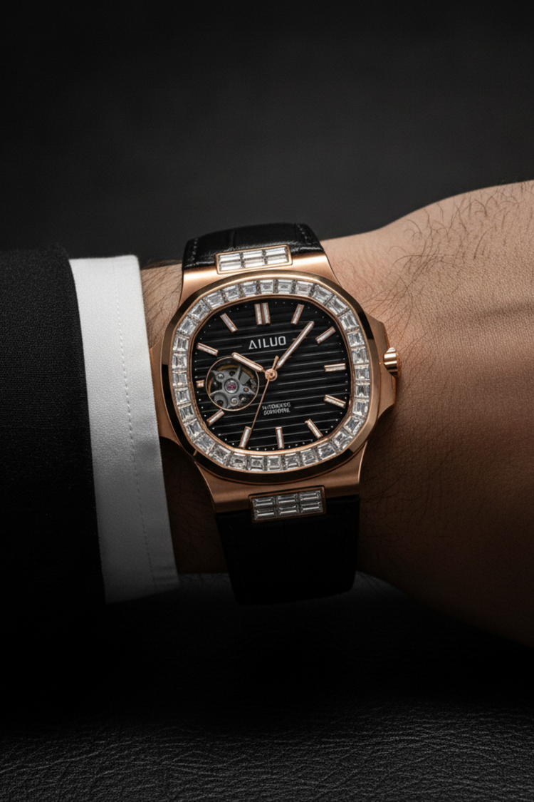Royal Azure | Rosegold Black Automatic Open-Heart Watch