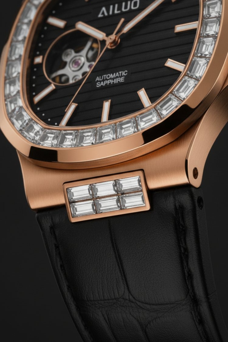 Royal Azure | Rosegold Black Automatic Open-Heart Watch