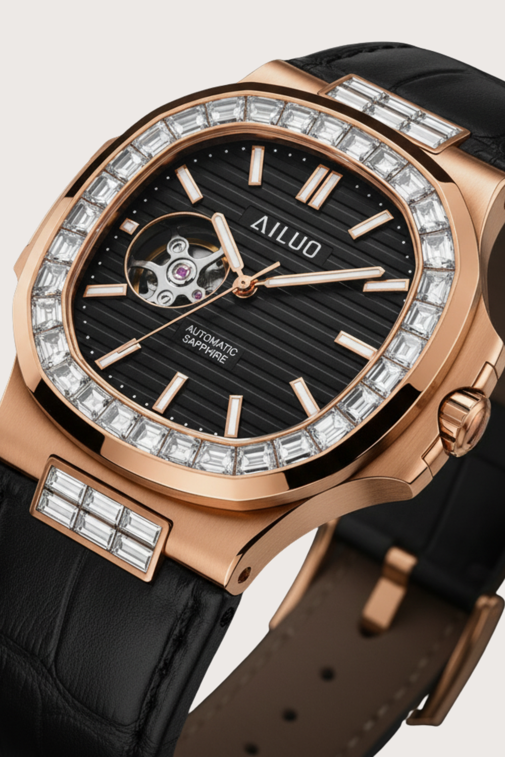 Royal Azure | Rosegold Black Automatic Open-Heart Watch