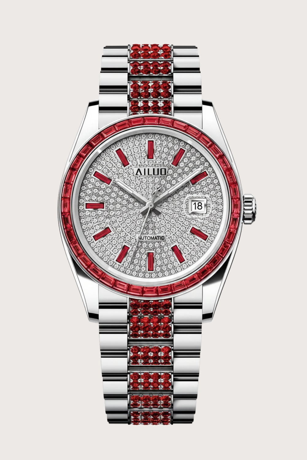 Ruby Frost | Ailuo Silver Red Diamond Automatic Watch