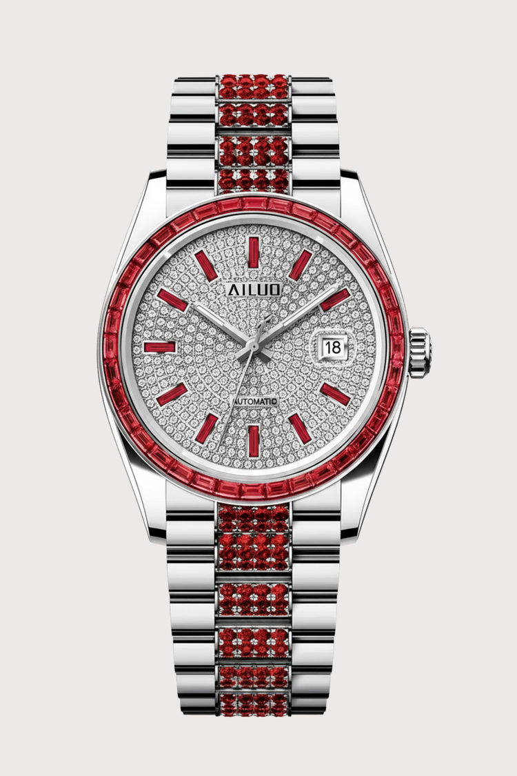 Ruby Frost | Ailuo Silver Red Diamond Automatic Watch