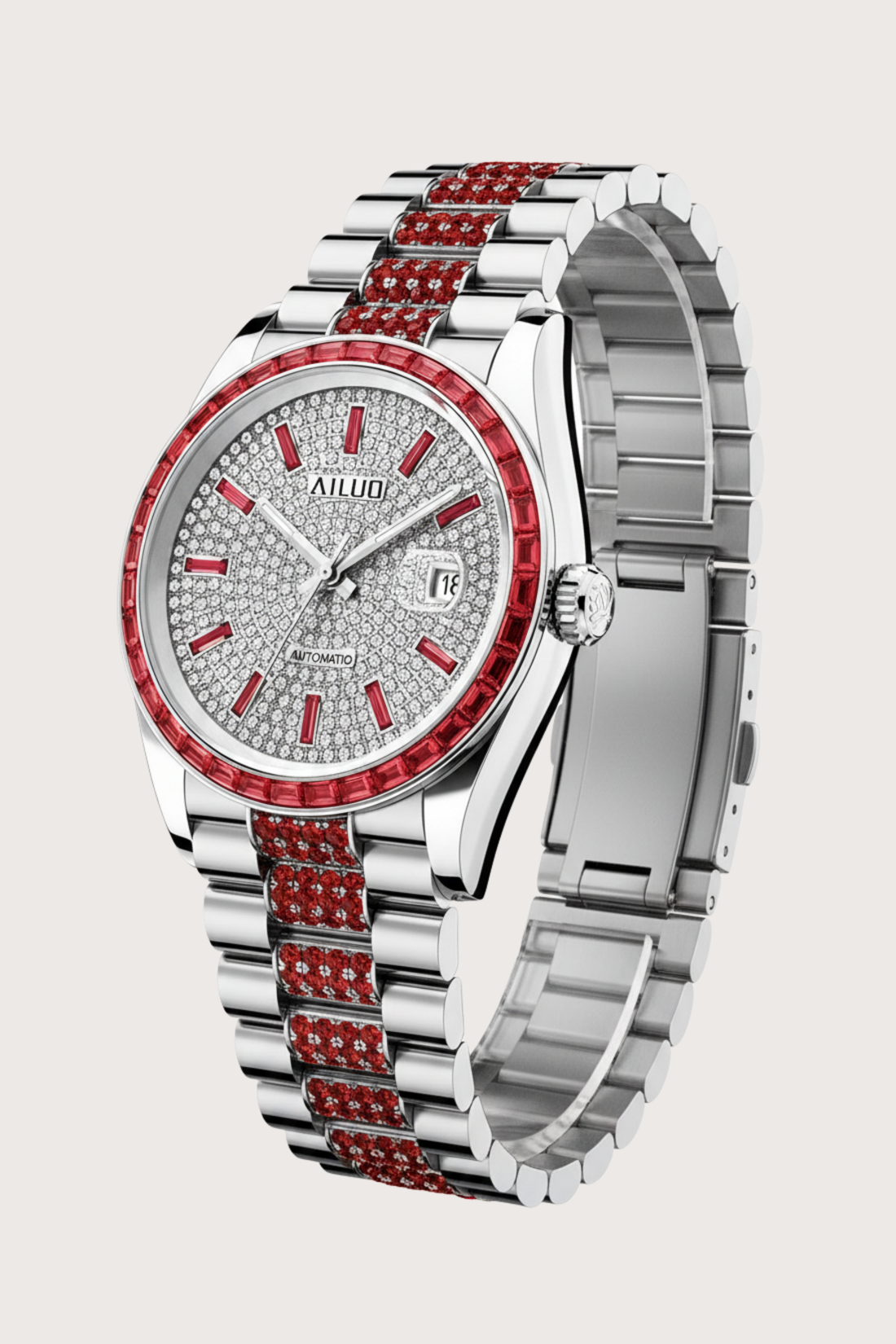 Ruby Frost | Ailuo Silver Red Diamond Automatic Watch