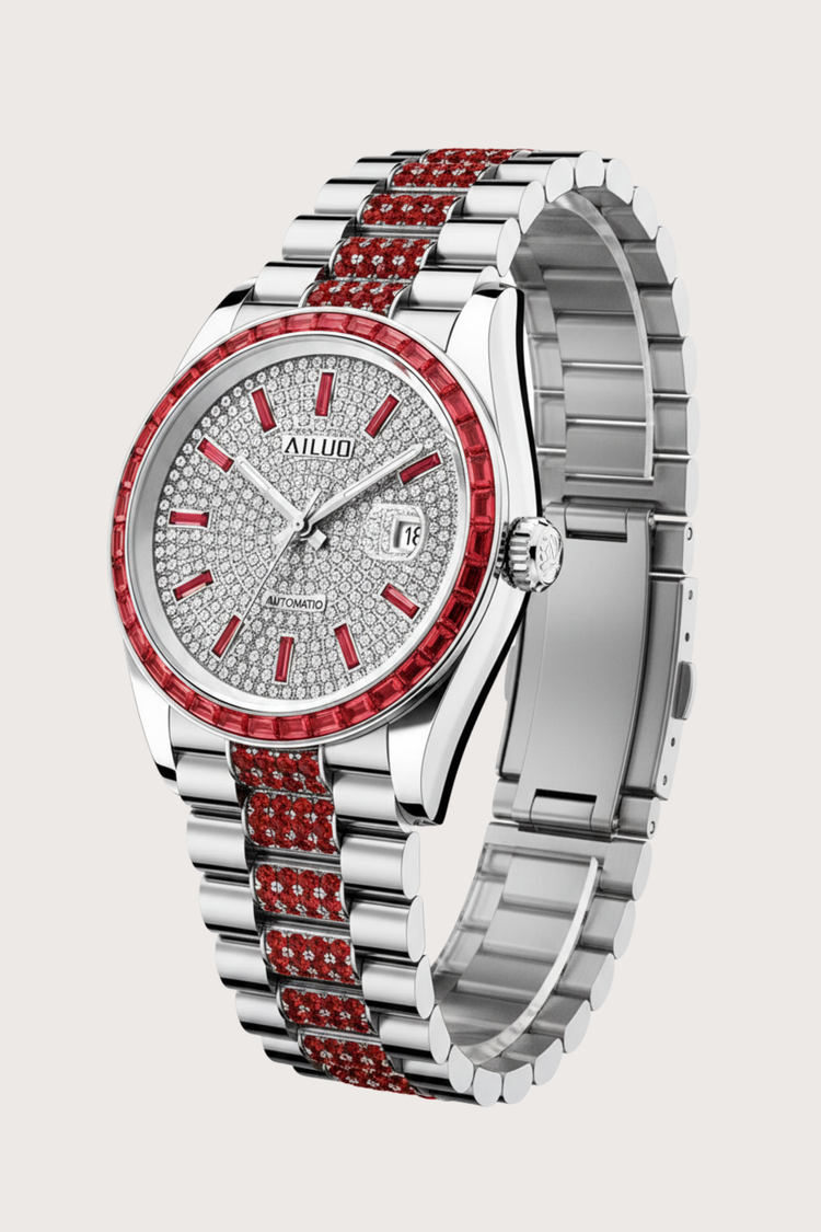 Ruby Frost | Ailuo Silver Red Diamond Automatic Watch
