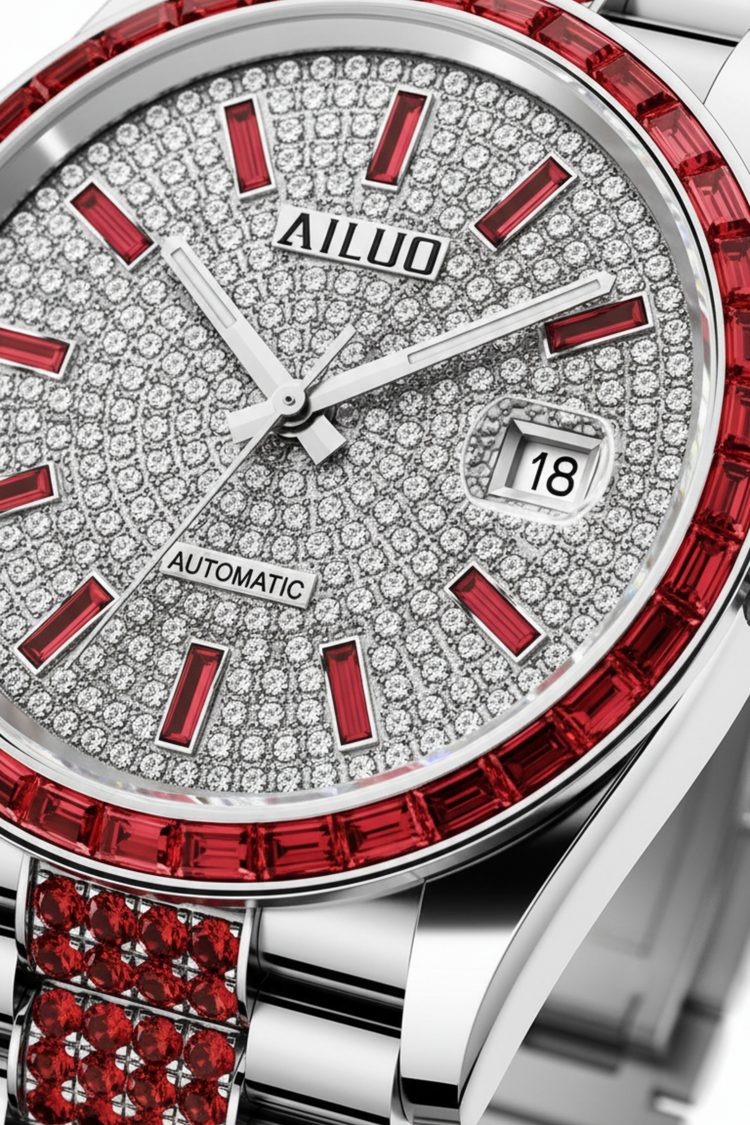 Ruby Frost | Ailuo Silver Red Diamond Automatic Watch