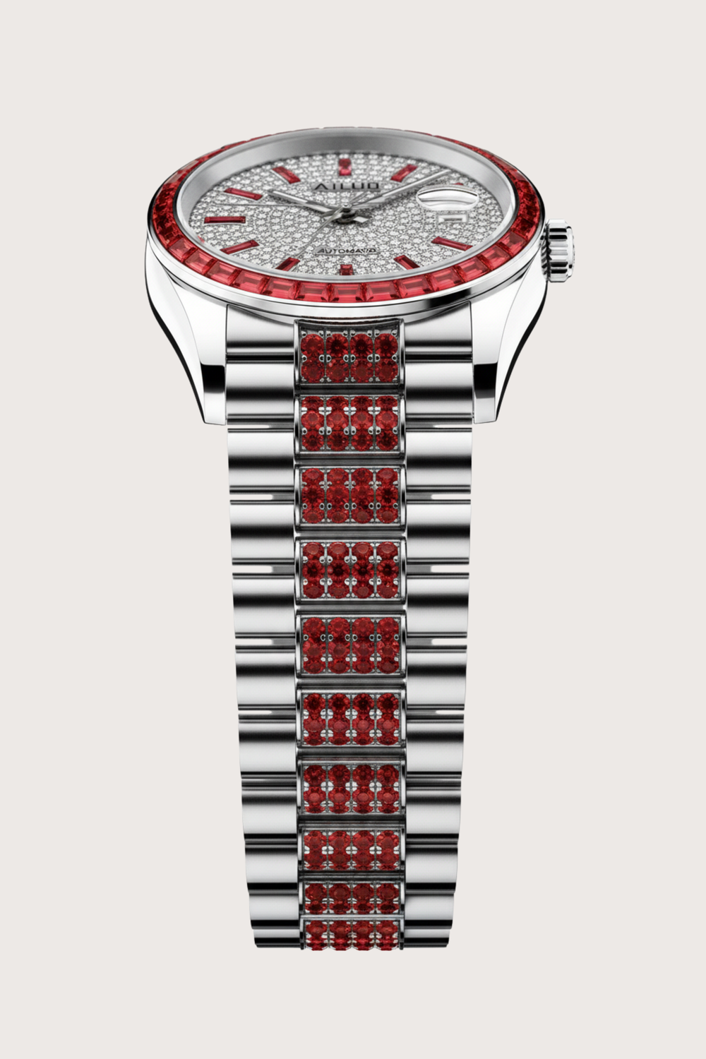 Ruby Frost | Ailuo Silver Red Diamond Automatic Watch