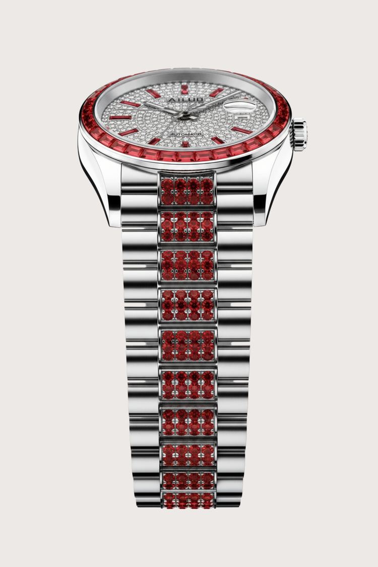 Ruby Frost | Ailuo Silver Red Diamond Automatic Watch