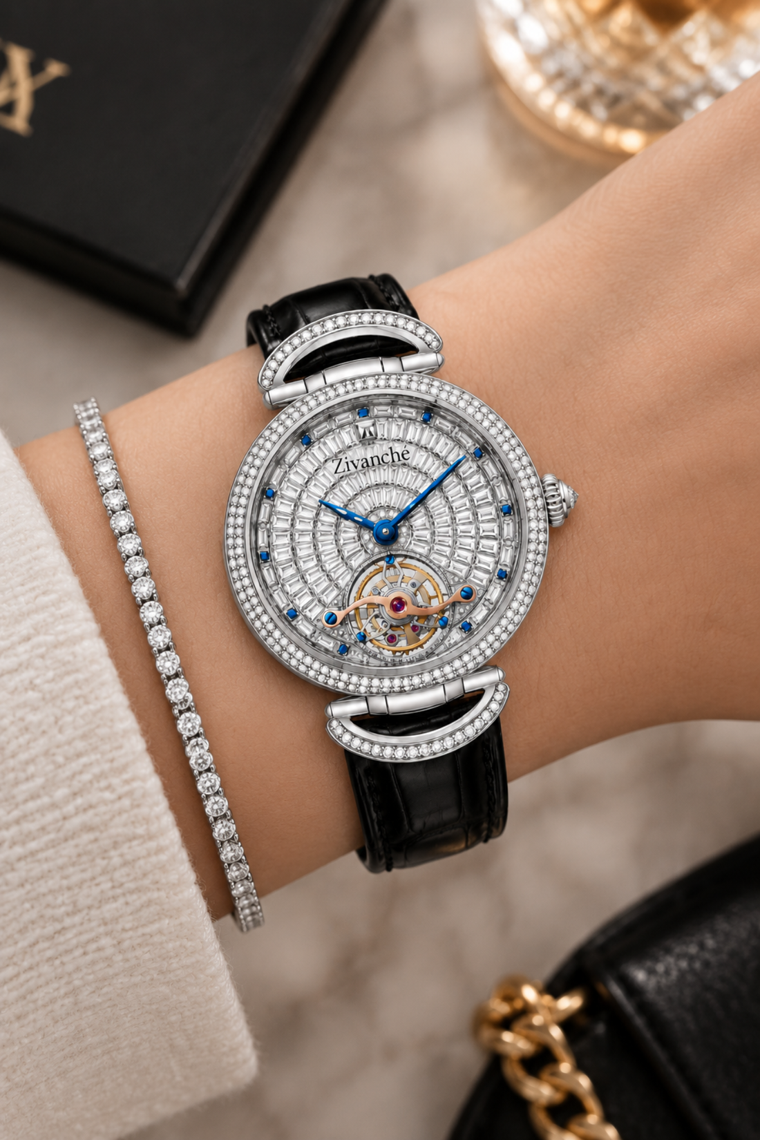 Ruby Halo Skeleton Automatic Diamond Elegance Watch - Silver
