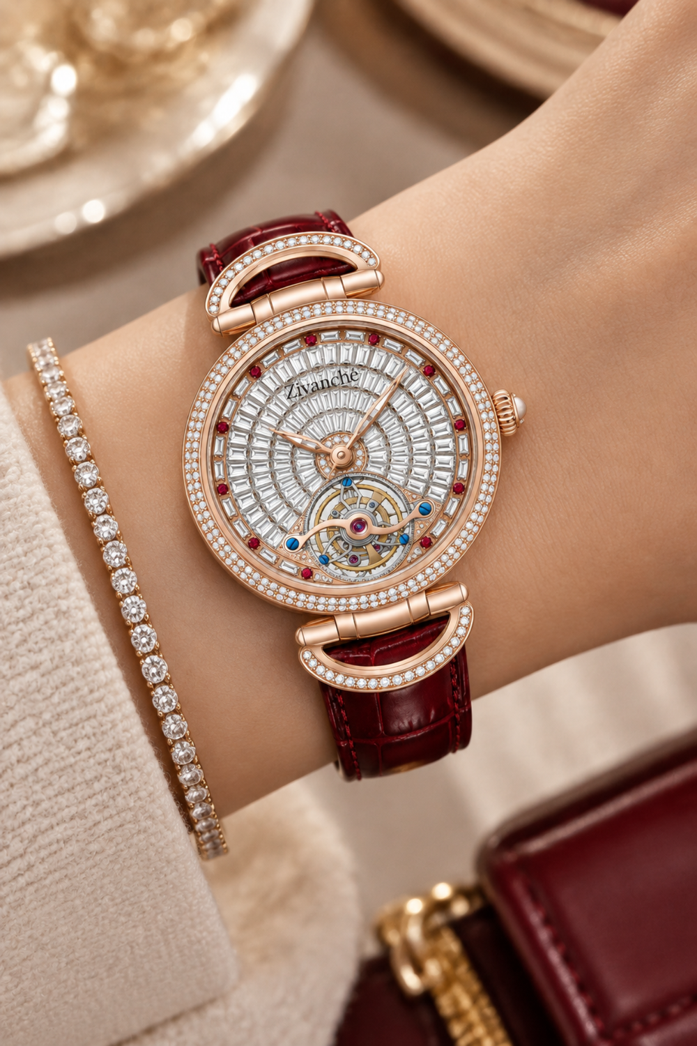 Ruby Halo Skeleton Automatic Diamond Elegance Watch