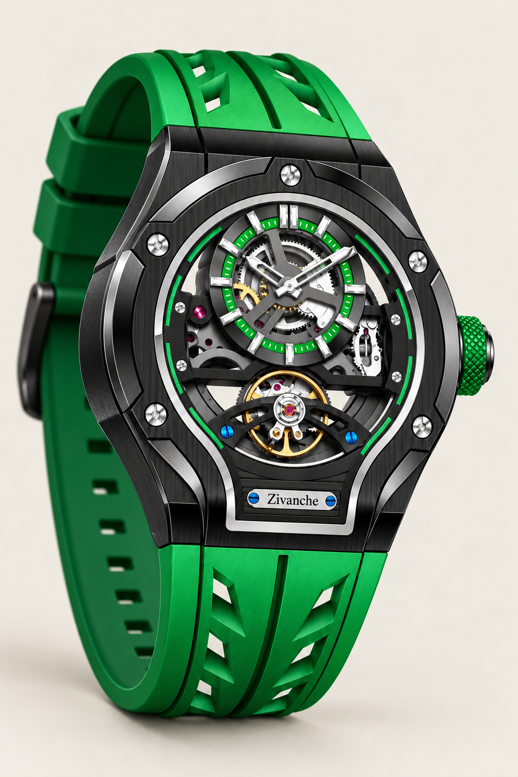 Skelaro Thunderbolt Open‑Heart Gear Skeleton Dial Watch - Green Black