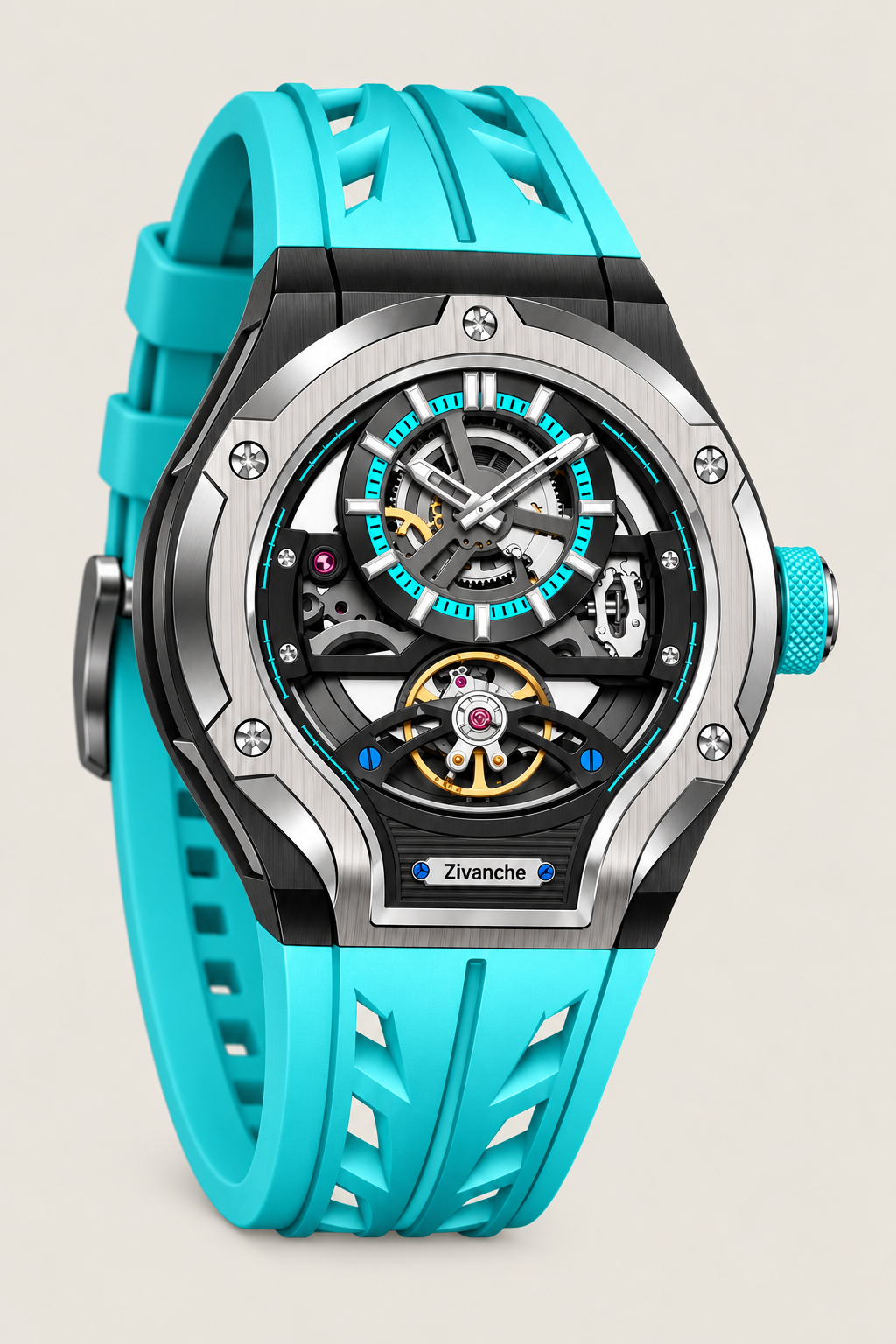 Skelaro Thunderbolt Open‑Heart Gear Skeleton Dial Watch - Ice Blue Grey