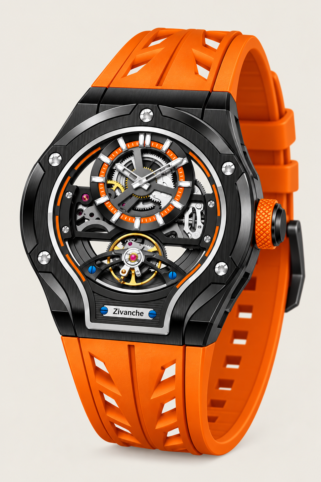 Skelaro Thunderbolt Open‑Heart Gear Skeleton Dial Watch - Orange Black