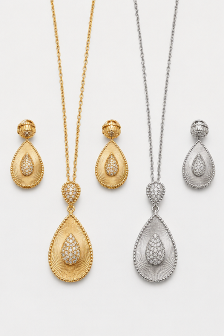 Teardrop Elegance Dual Tone Earring & Necklace Set