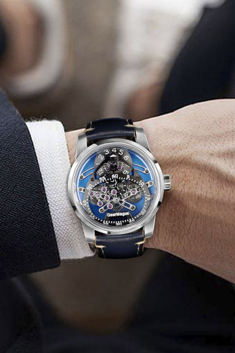 Telescopic Minute Blue Skeleton Dial Mechanical Watch