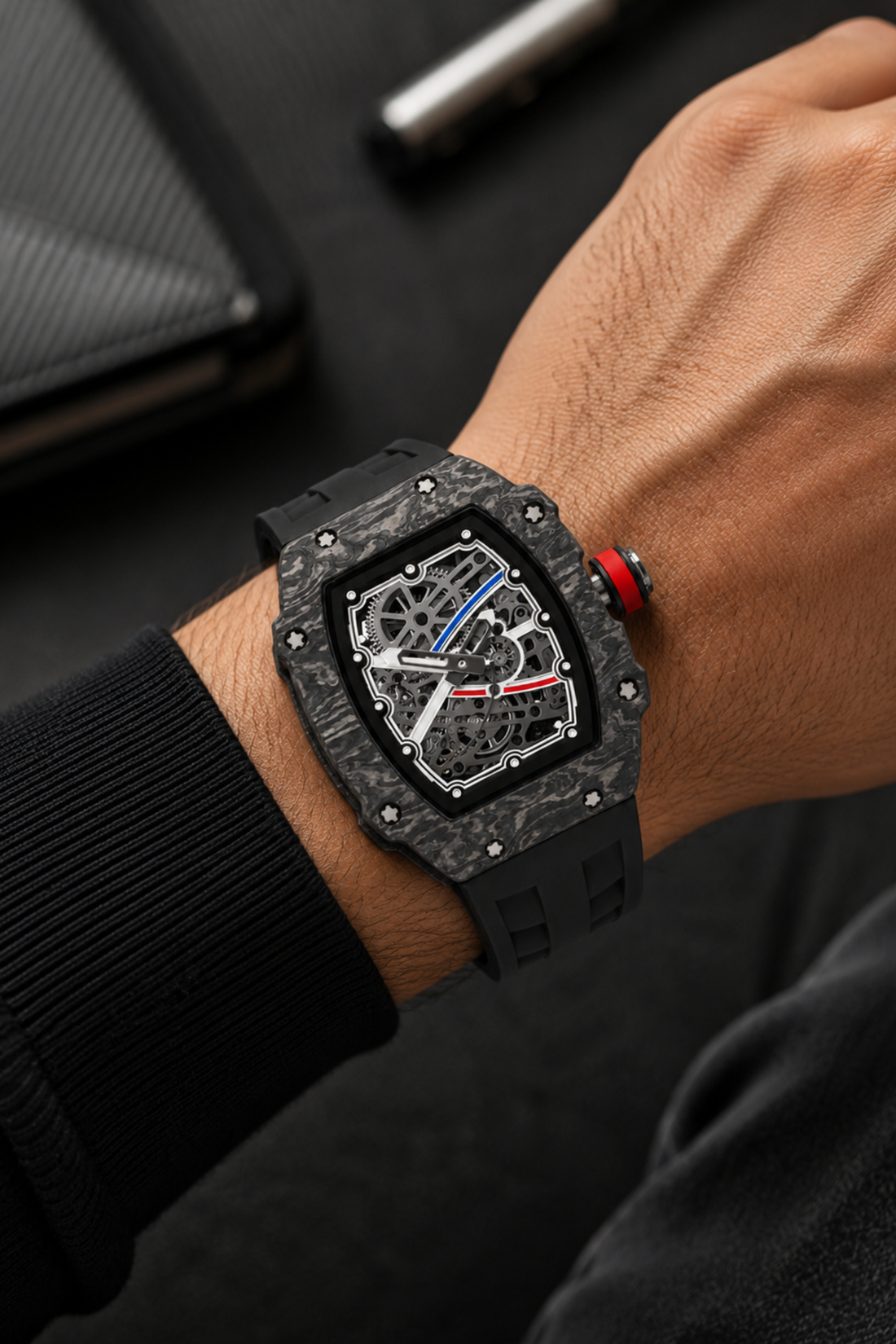 Titanium Full Black Skeleton Timepiece Rubber Strap Watch (43413946)