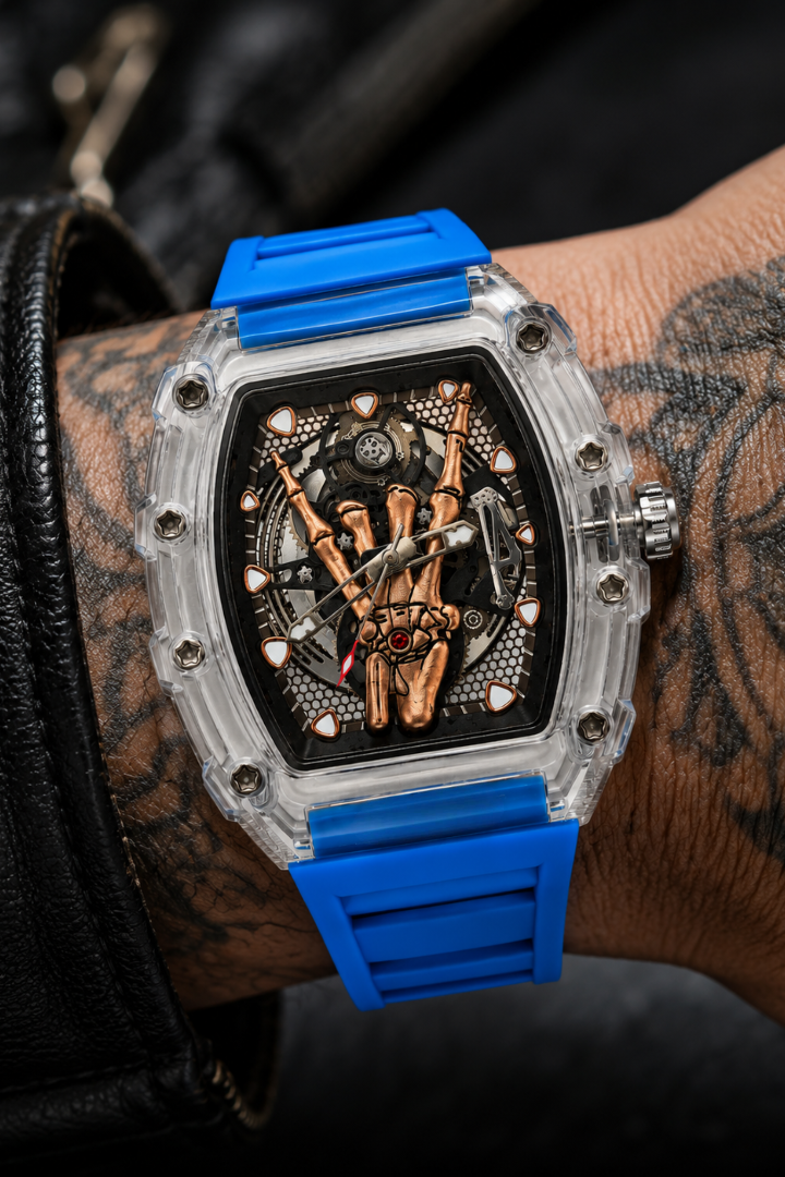 Transparent Dial Rosegold Skeleton Hand Blue Rubber Strap Quartz Watch (44874883)