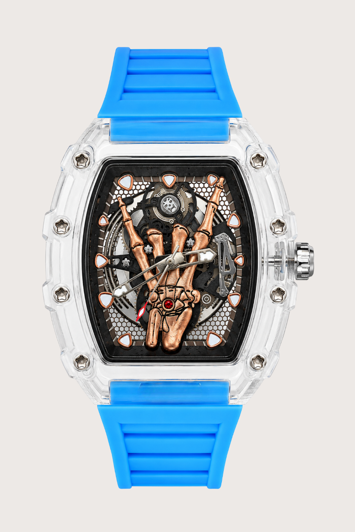 Transparent Dial Rosegold Skeleton Hand Blue Rubber Strap Quartz Watch (44874883)