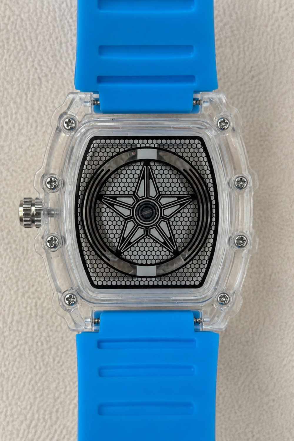 Transparent Dial Rosegold Skeleton Hand Blue Rubber Strap Quartz Watch (44874883)