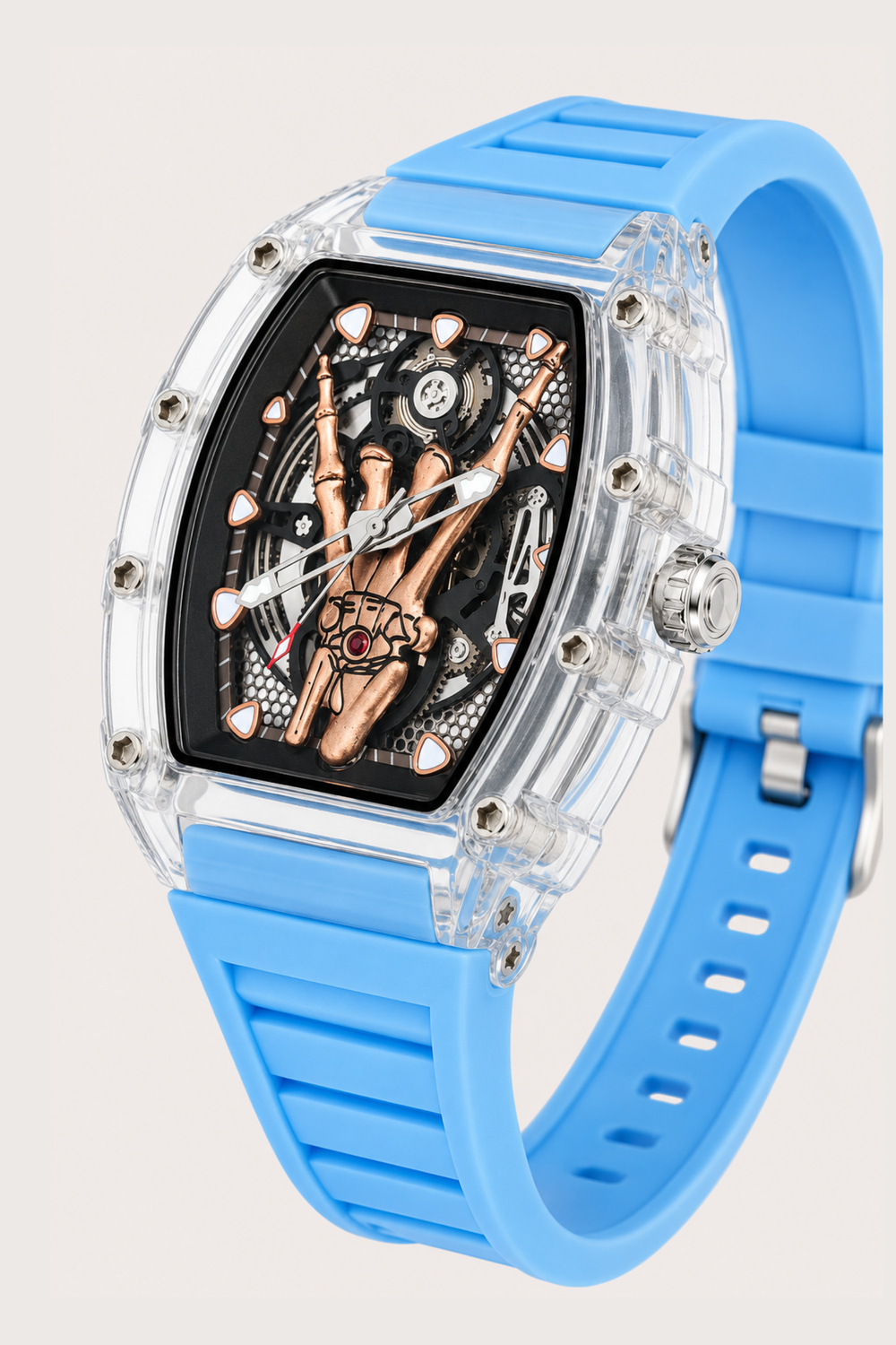 Transparent Dial Rosegold Skeleton Hand Blue Rubber Strap Quartz Watch (44874883)