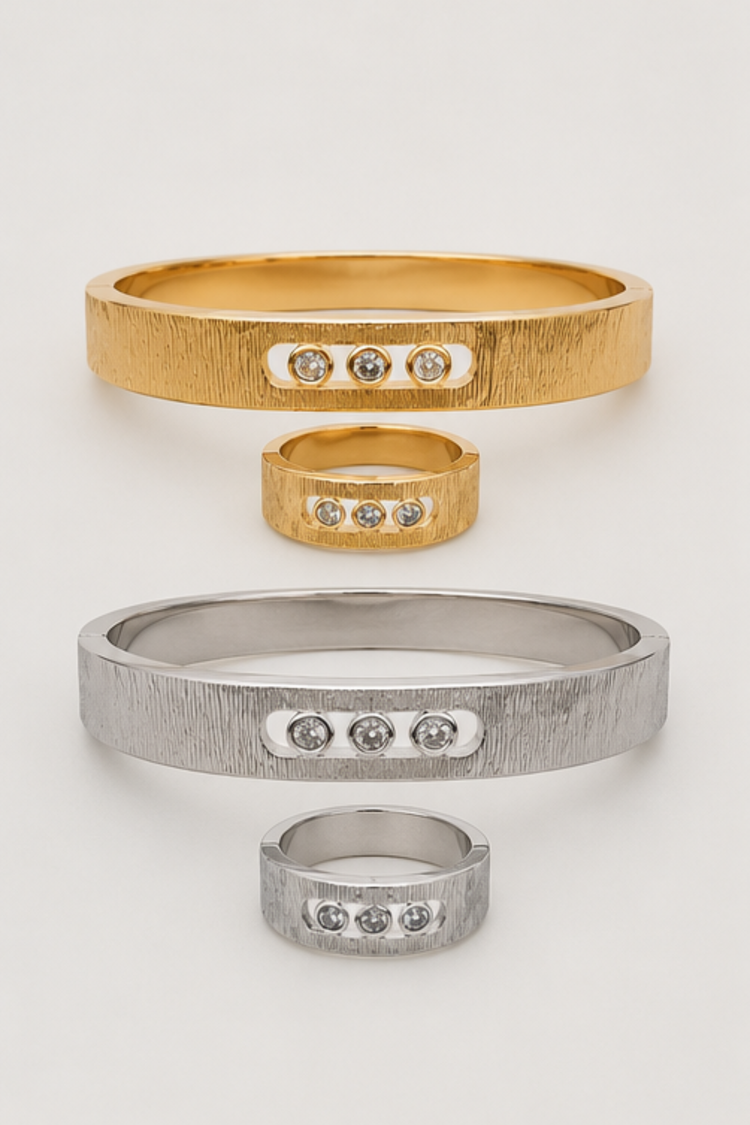 Tri‑Gem Elegance Dual Tone Bracelet & Ring Set