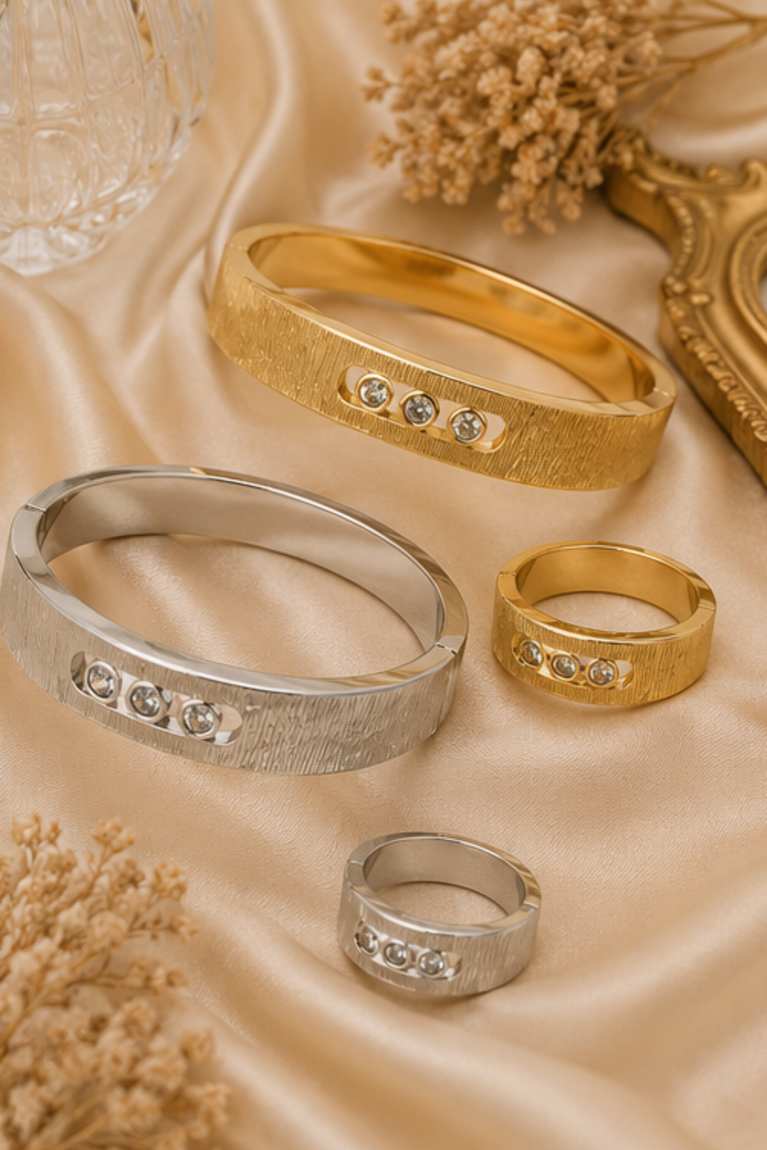 Tri‑Gem Elegance Dual Tone Bracelet & Ring Set