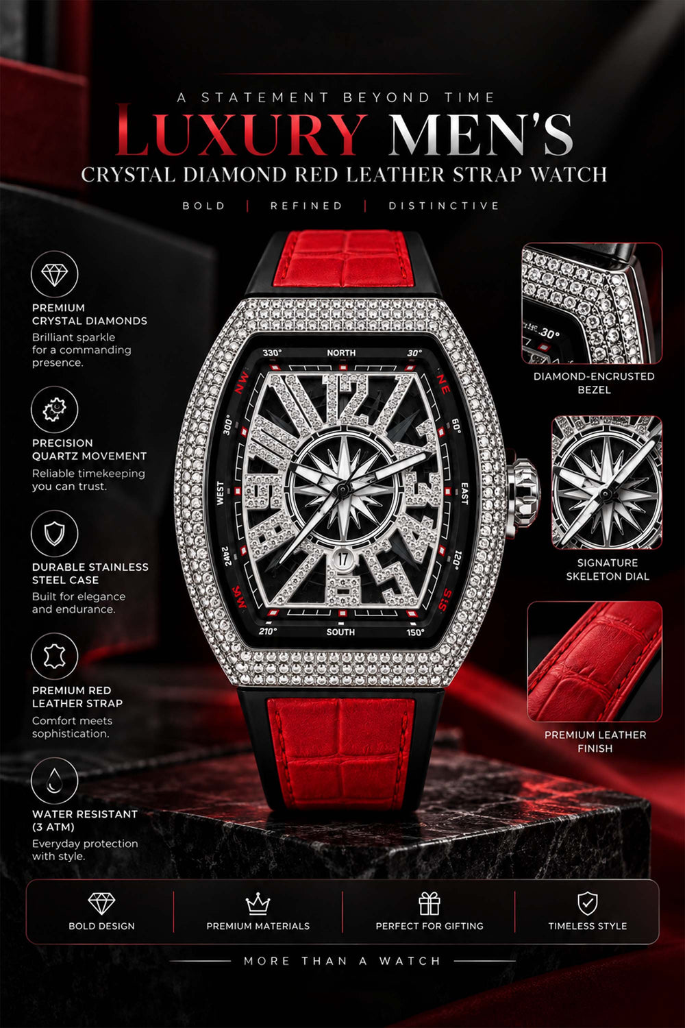 Luxury Men's Crystal Diamond Silver Red Leather Strap Watch