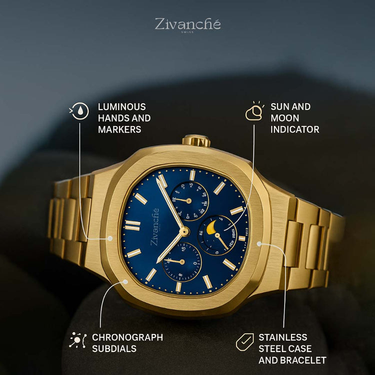 Cosmo | Golden Blue Sun & Moon Face  Watch - (39936953)