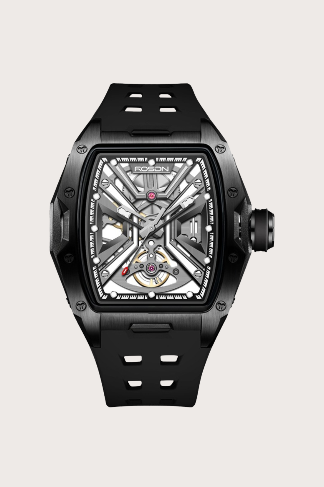 Luxury Black G2710 Series High Quality Barrel Shape Silicone Band Automatic Mechanical ROSDN Watch