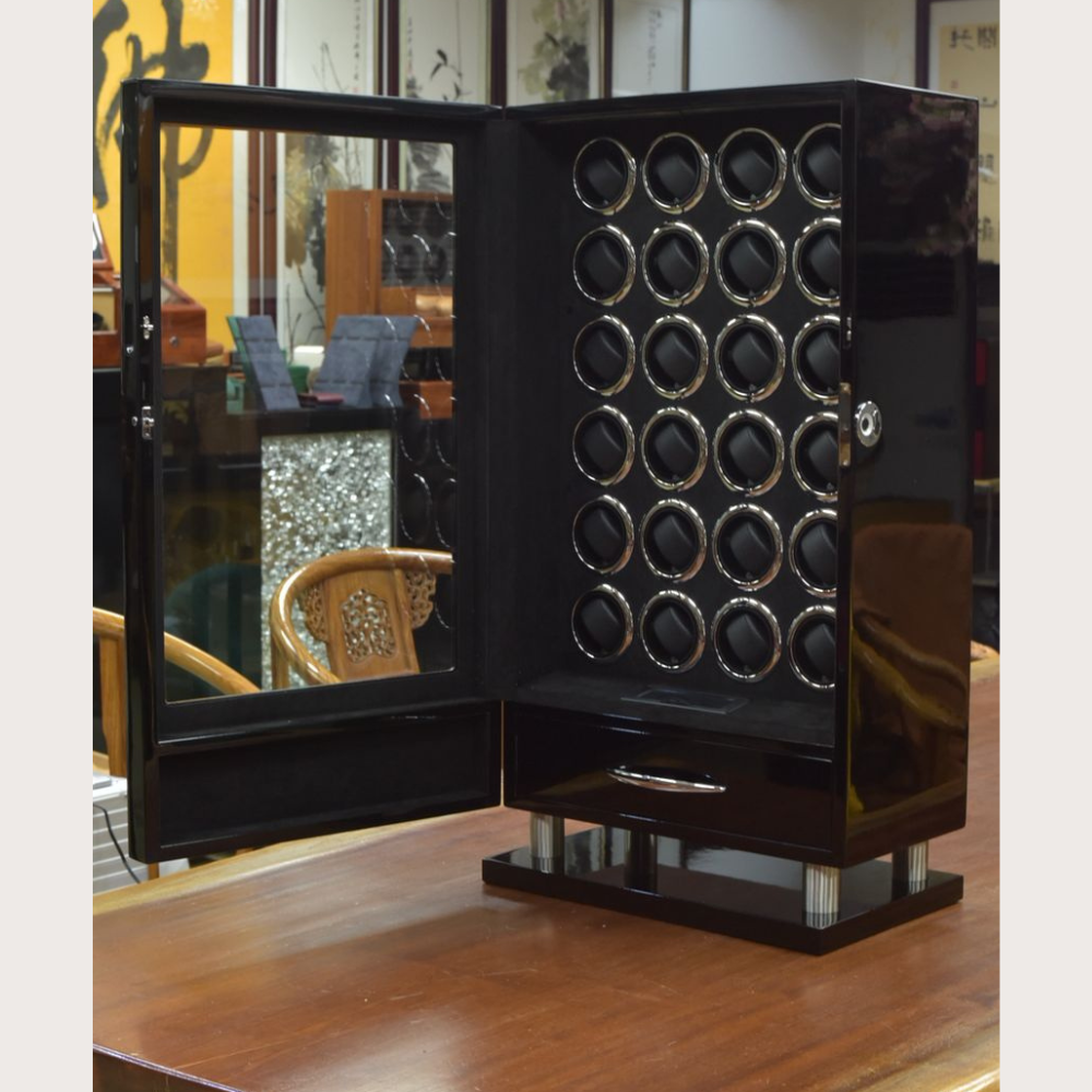 Zivanche LTG8024BF-D-1 Black Watch Winder 24 Slot with Fingerprint Lock and Large Storage Drawer