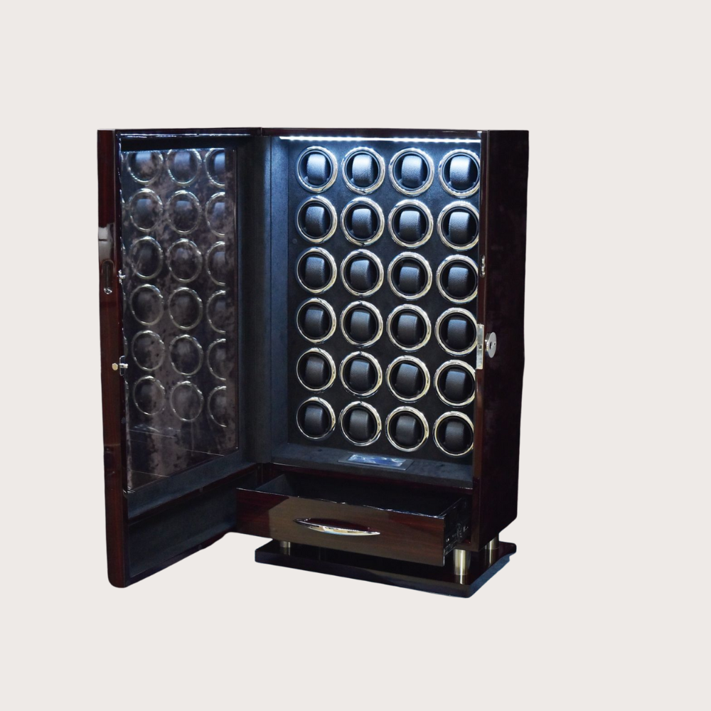 Zivanche LTG8024BF-D-1 Brown Watch Winder 24 Slot with Fingerprint Lock and Large Storage Drawer
