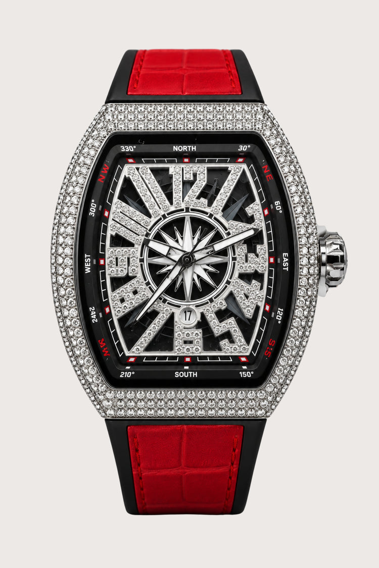 Luxury Men's Crystal Diamond Silver Red Leather Strap Watch