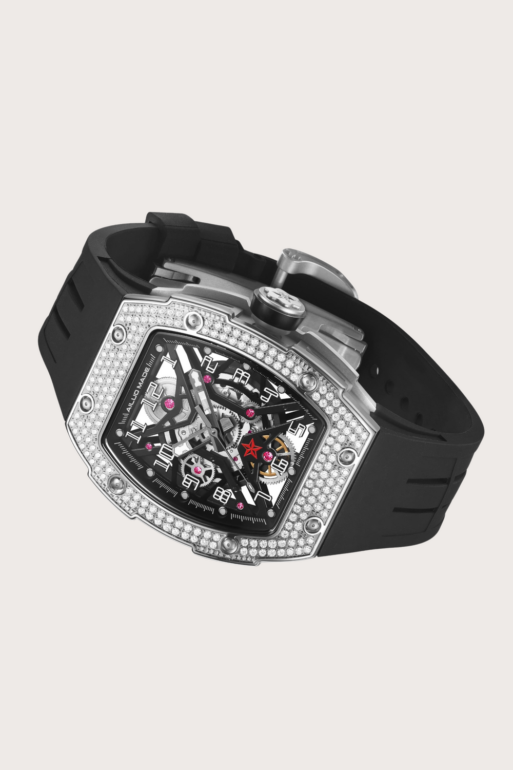 Men's  Luxury Automatic  Diamond Rubber Black Strap Waterproof Sports Watch