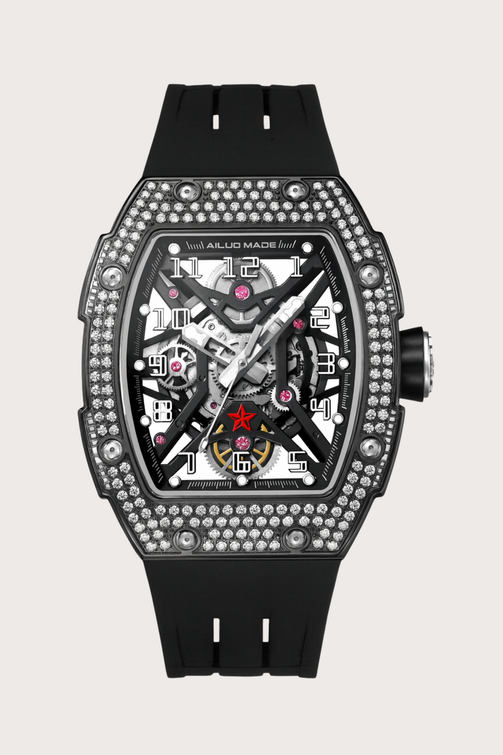 Men's  Luxury Automatic  Diamond Rubber Black Strap Waterproof Sports Watch