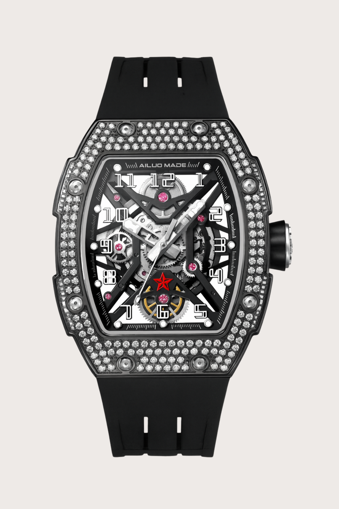 Men's  Luxury Automatic  Diamond Rubber Black Strap Waterproof Sports Watch