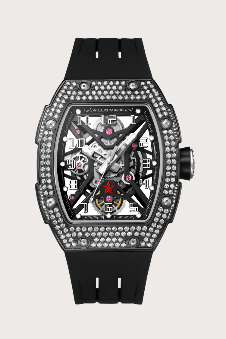 Men's  Luxury Automatic  Diamond Rubber Black Strap Waterproof Sports Watch