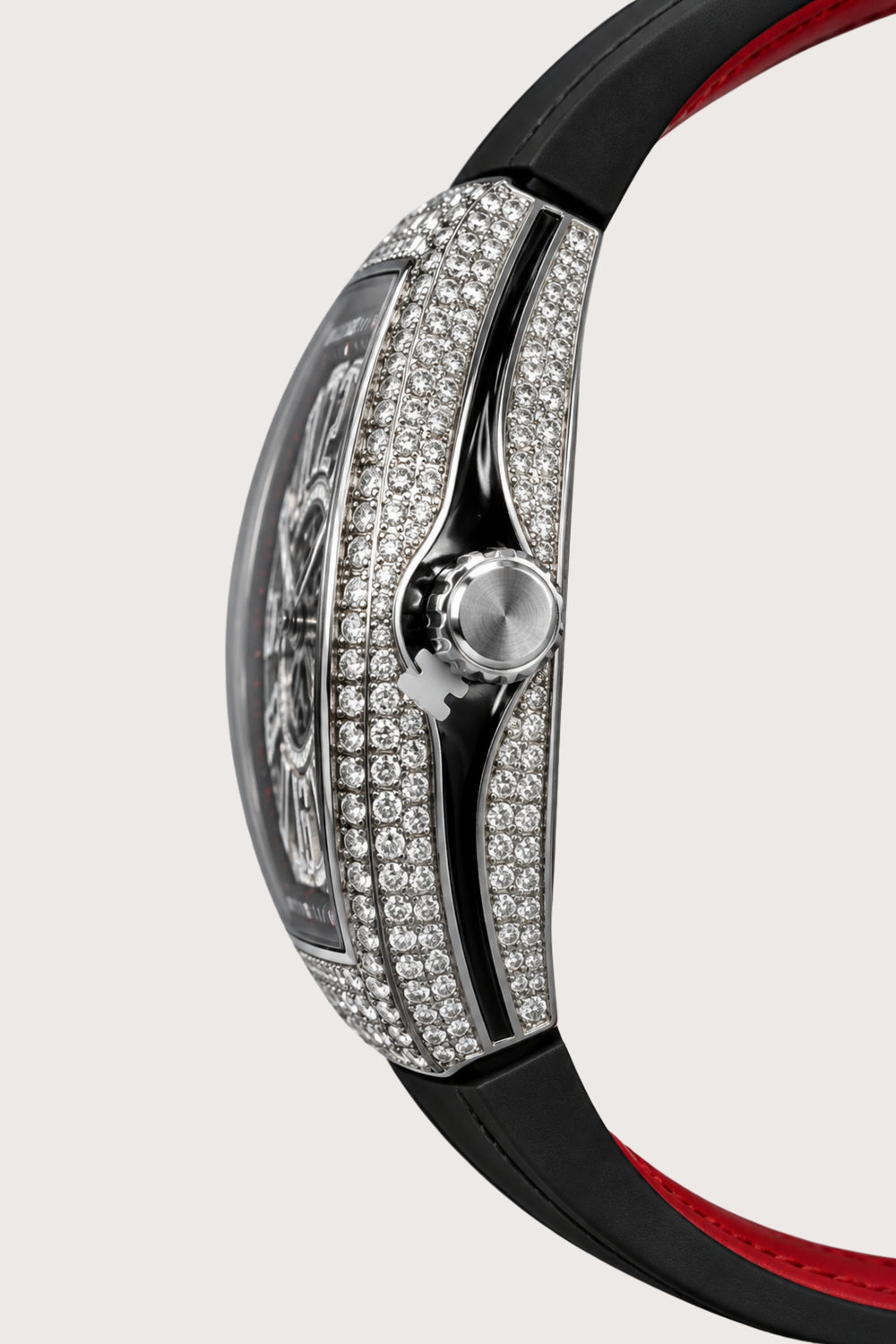 Luxury Men's Crystal Diamond Silver Red Leather Strap Watch