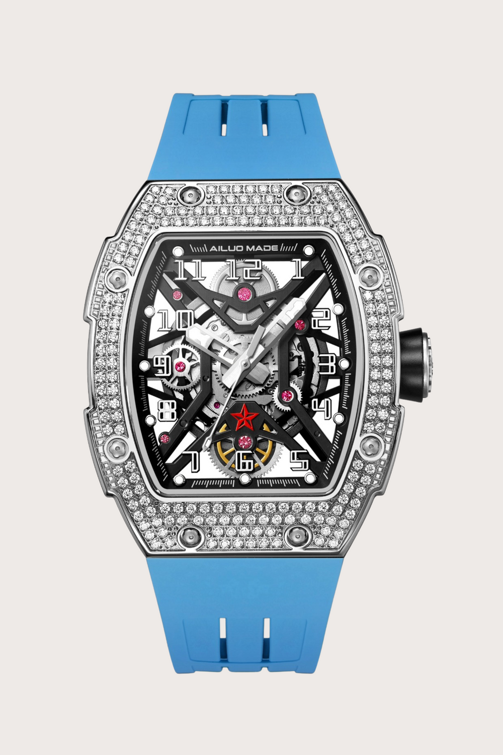 Men's  Luxury Automatic Diamond Rubber Blue Strap Waterproof Sports Watch