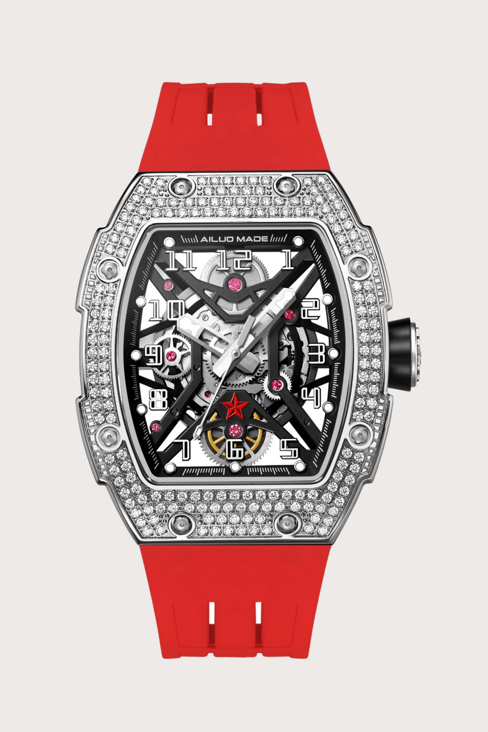 Men's  Luxury Automatic  Diamond Rubber Red Strap Waterproof Sports Watch