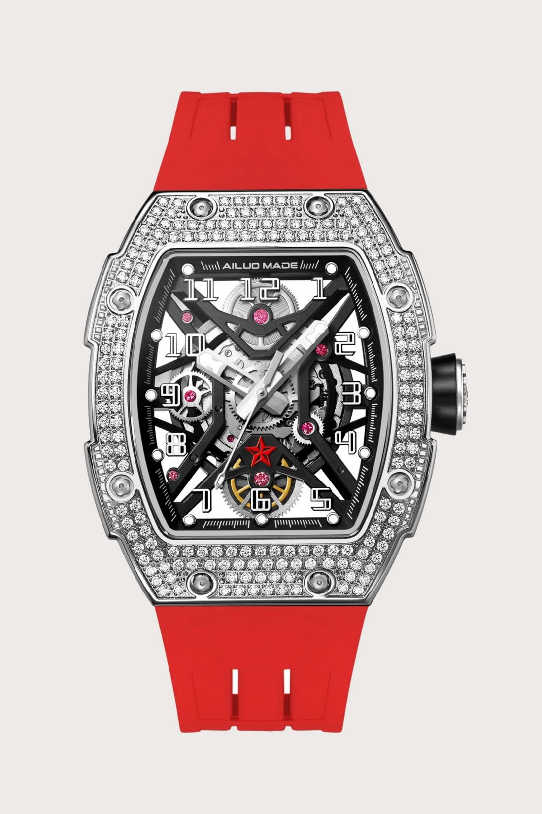 Men's  Luxury Automatic  Diamond Rubber Red Strap Waterproof Sports Watch