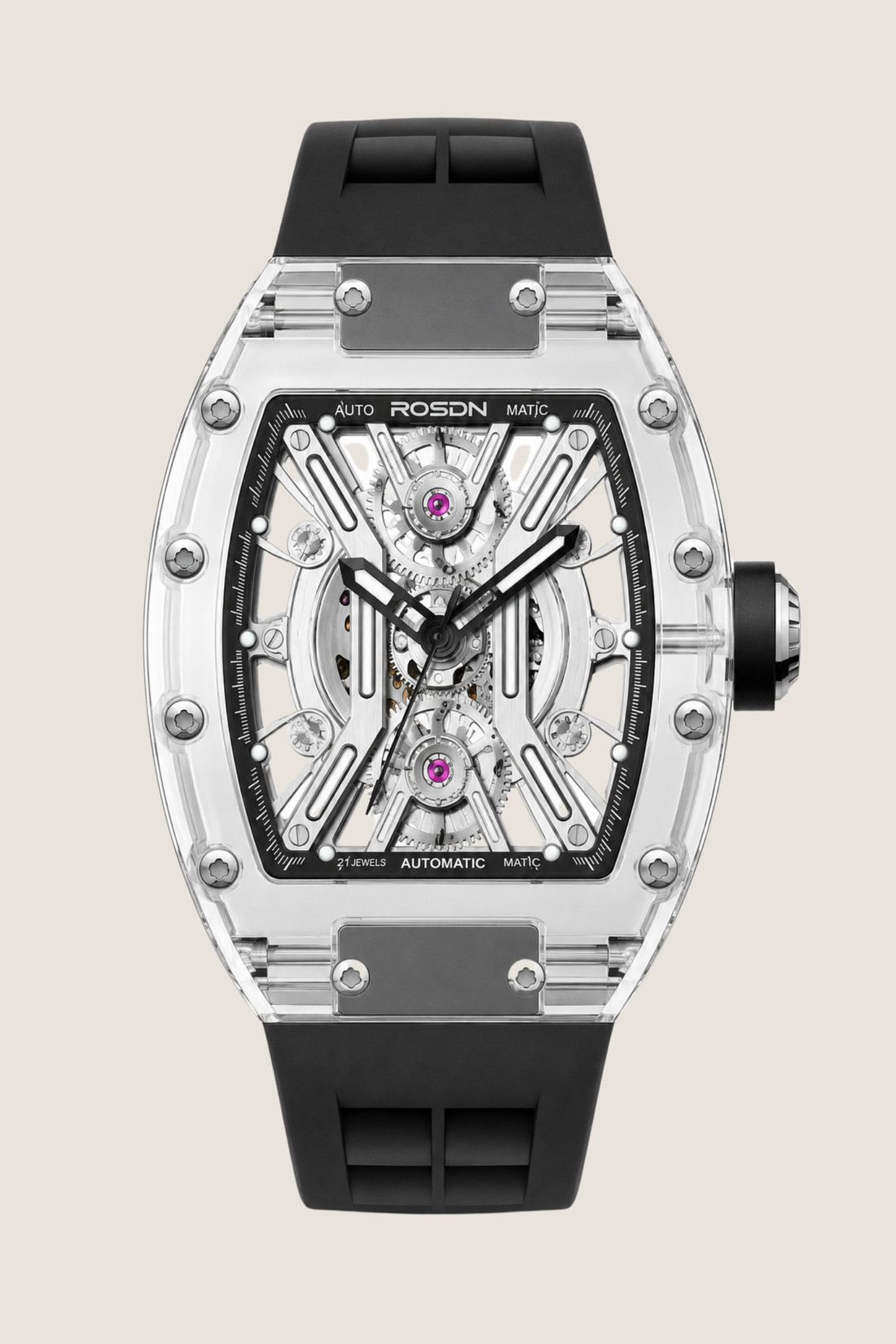 X‑Frame ROSON Skeleton Dial Black Leather Strap Mechanical Watch