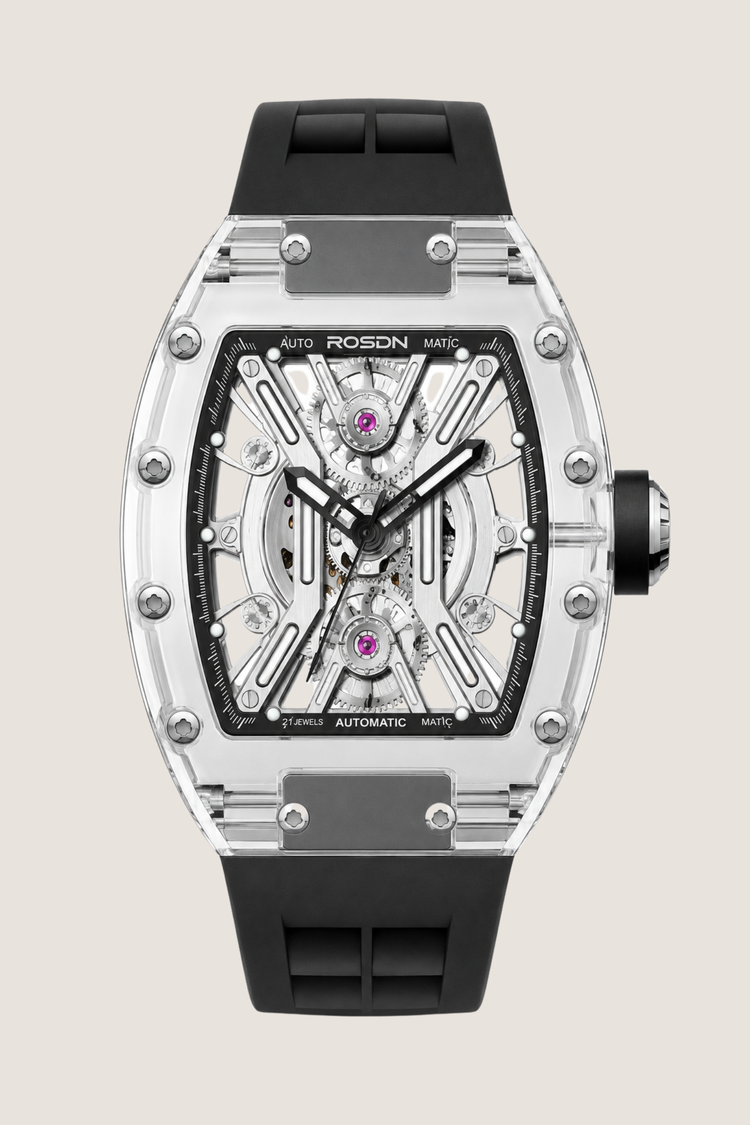 X‑Frame ROSON Skeleton Dial Black Leather Strap Mechanical Watch