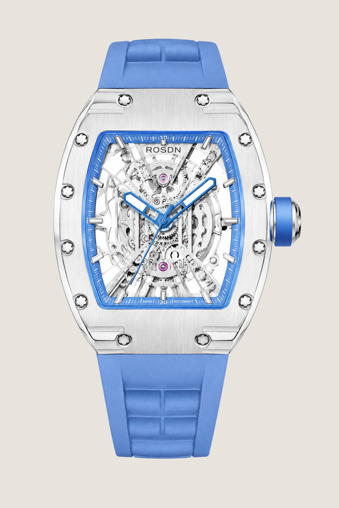 X‑Frame ROSON Skeleton Dial Blue Leather Strap Mechanical Watch