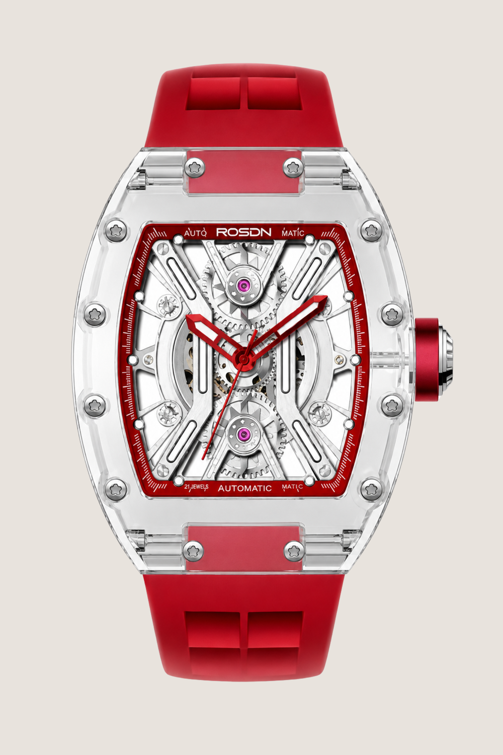 X‑Frame ROSON Skeleton Dial Red Leather Strap Mechanical Watch