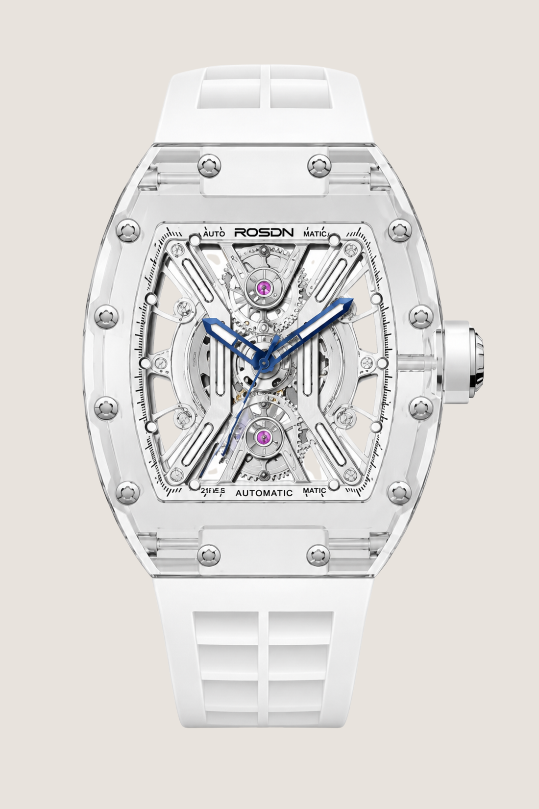 X‑Frame ROSON Skeleton Dial White Leather Strap Mechanical Watch