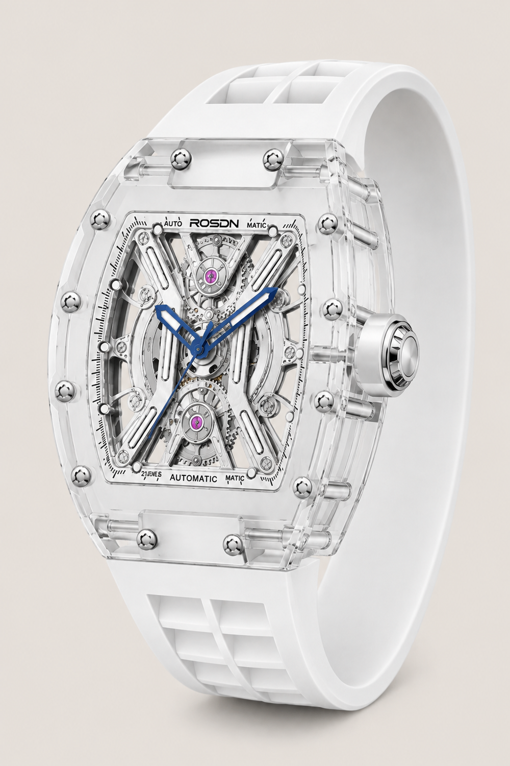 X‑Frame ROSON Skeleton Dial White Leather Strap Mechanical Watch