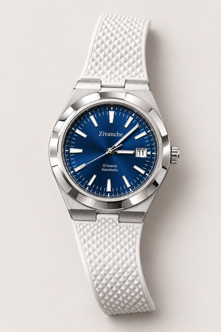 Zivanche Blue Dial Automatic Watch with White Rubber Strap