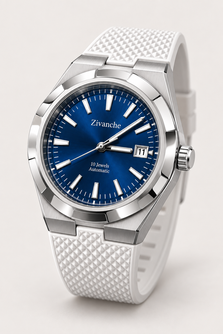 Zivanche Blue Dial Automatic Watch with White Rubber Strap