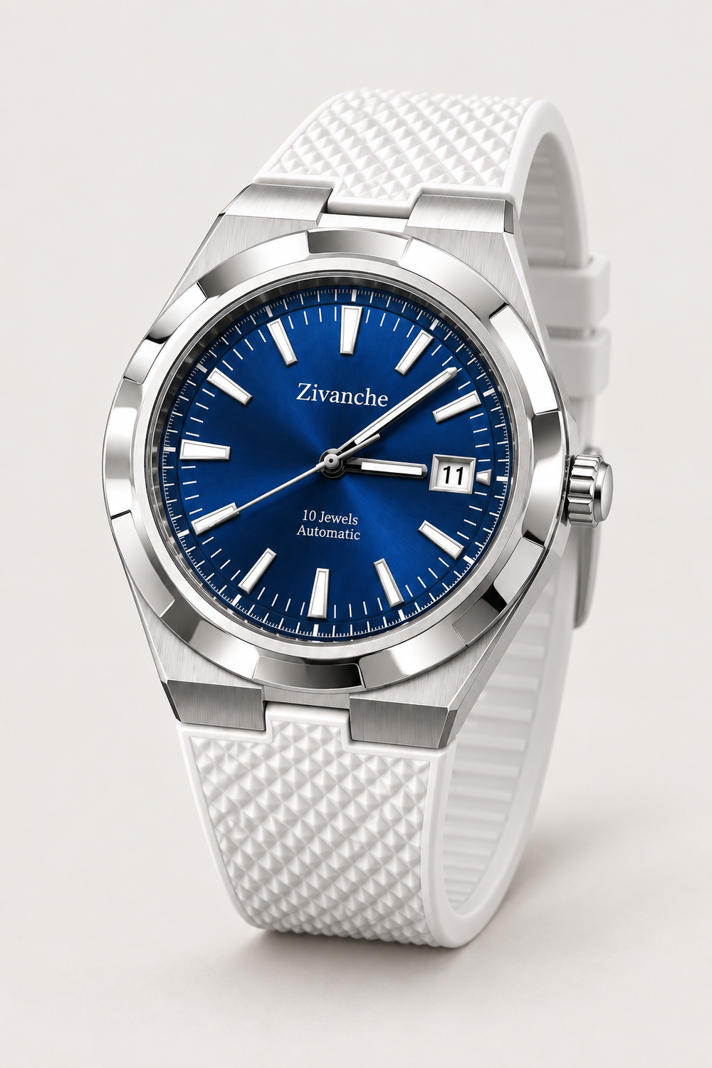 Zivanche Blue Dial Automatic Watch with White Rubber Strap