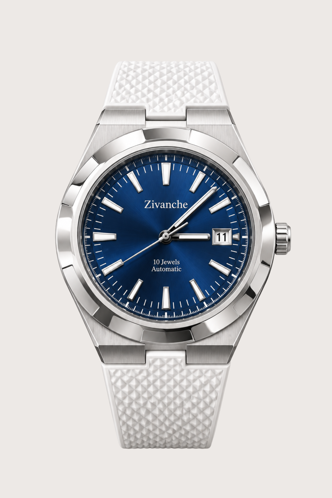 Zivanche Blue Dial Automatic Watch with White Rubber Strap