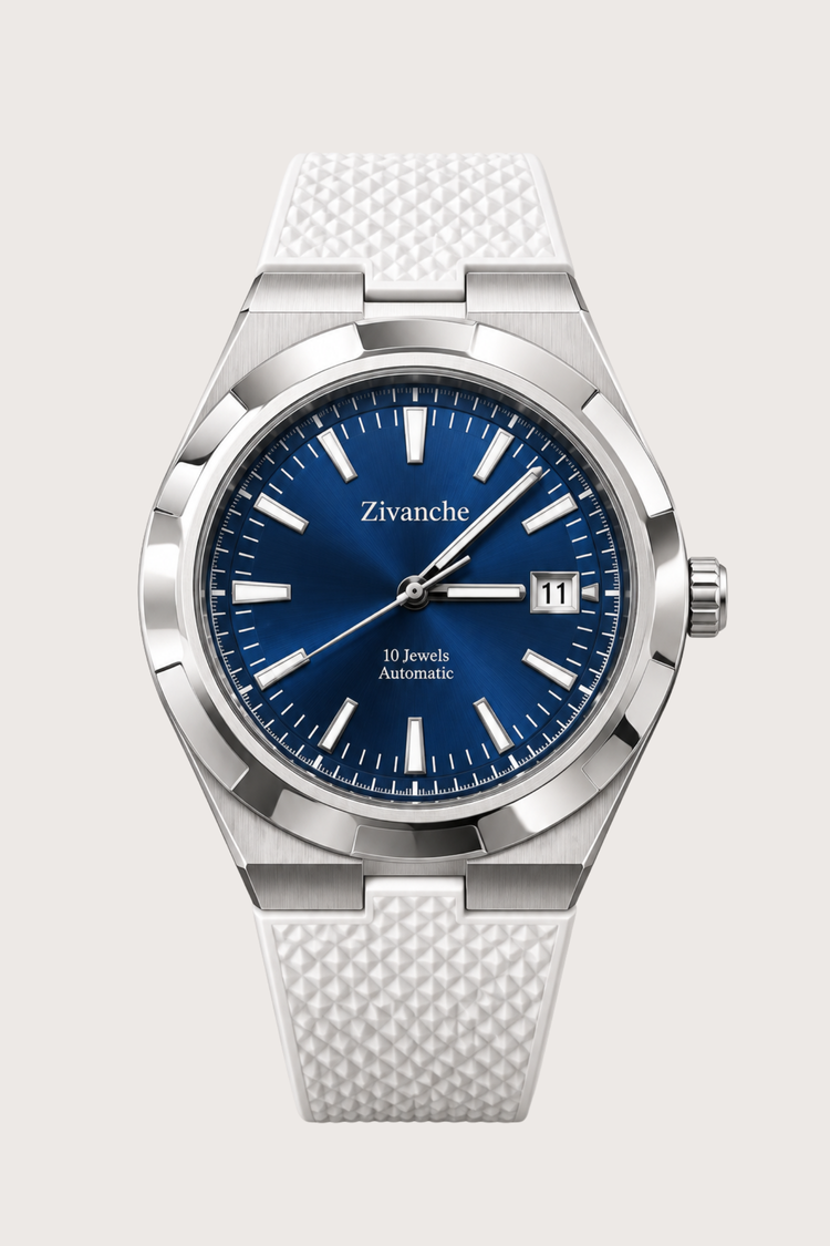 Zivanche Blue Dial Automatic Watch with White Rubber Strap